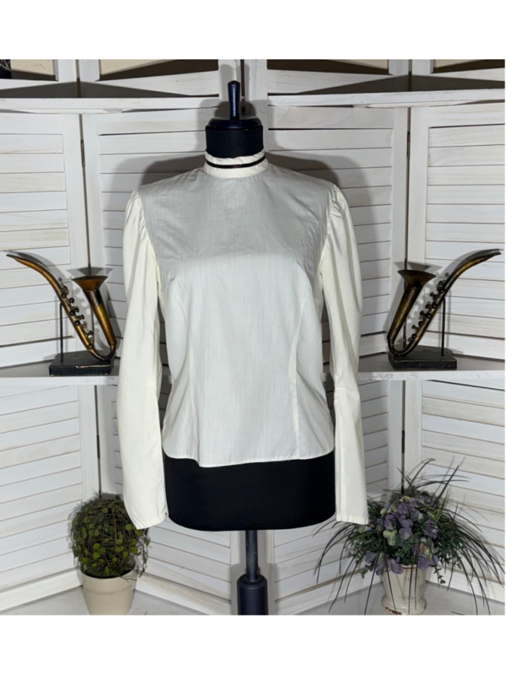 Vintage victorian Edwardian blouse 60s mod mock neck puff sleeves cream cottage